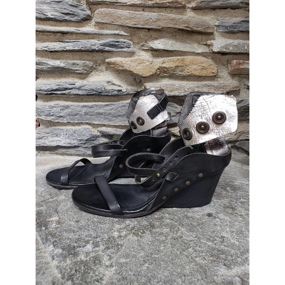 A.S.98 Ankle Strap Snap Button Wedges 41=9.5 Black Silver - Picture 5 of 14